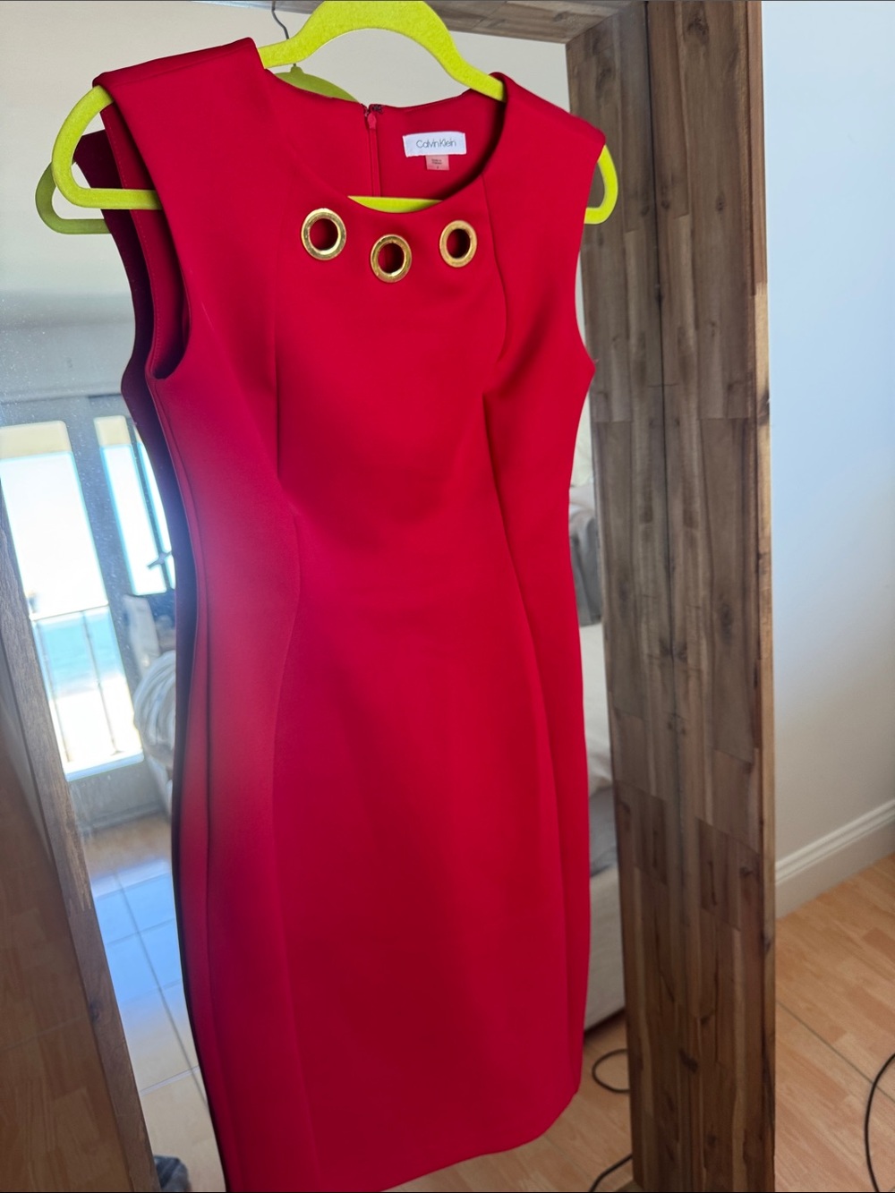 Calvin Klein Bright Red Sleeveless Sheath Dress with Gold Grommets